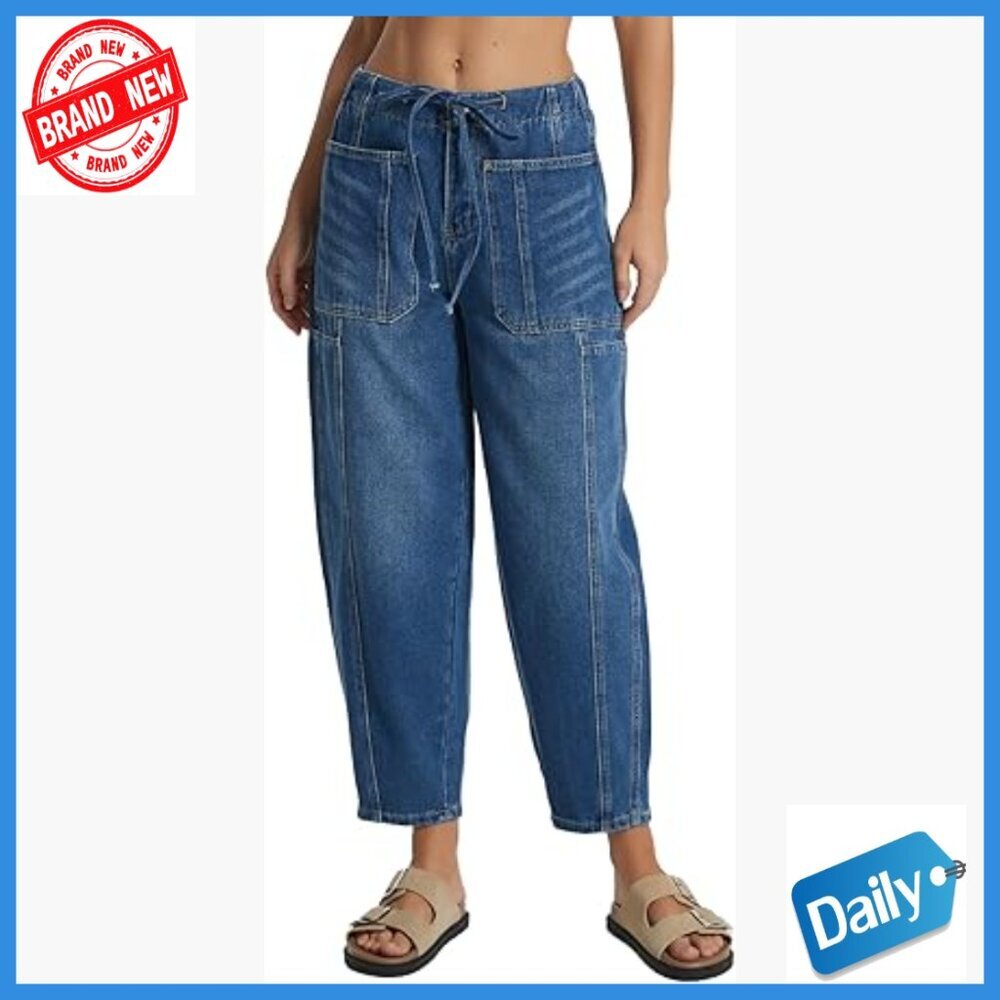 Wide Leg Barrel Jeans with Elastic Drawstring Waist Ankle Length Denim Pants